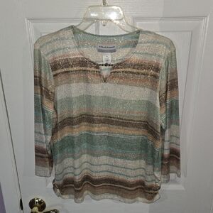 Alfred Dunner Women's Glitter Striped Blouse - Green and Brown